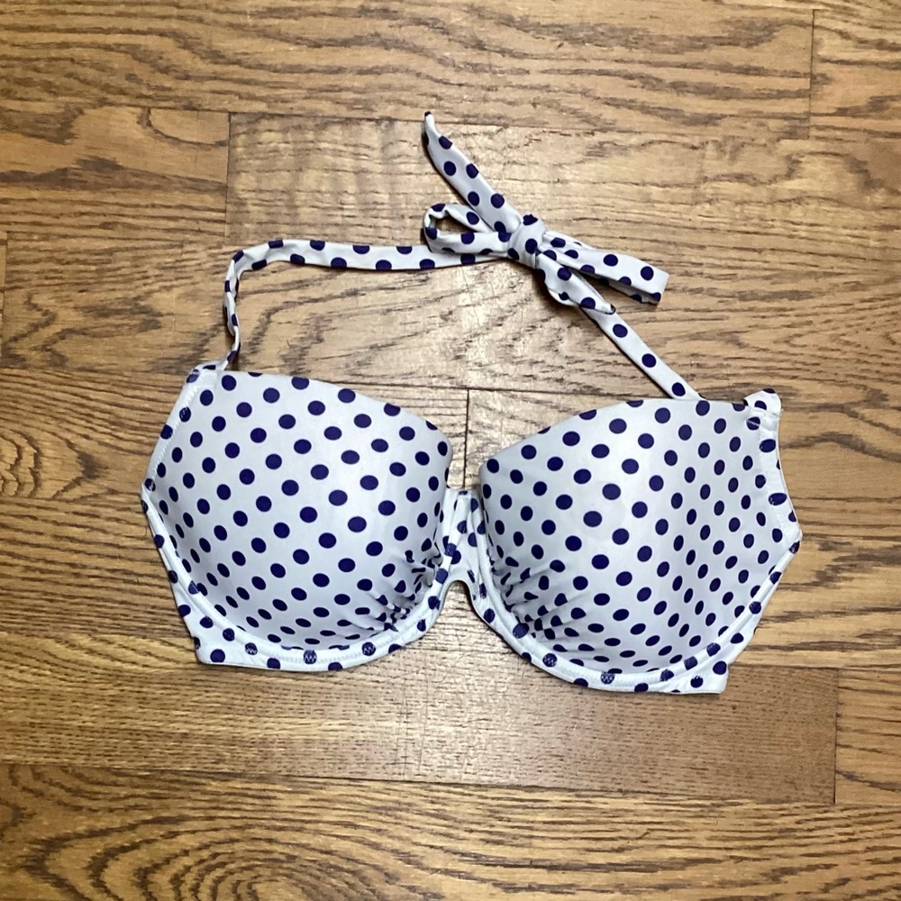 Wolf & Whistle halter bikini top Navy on white polka dots. 36F